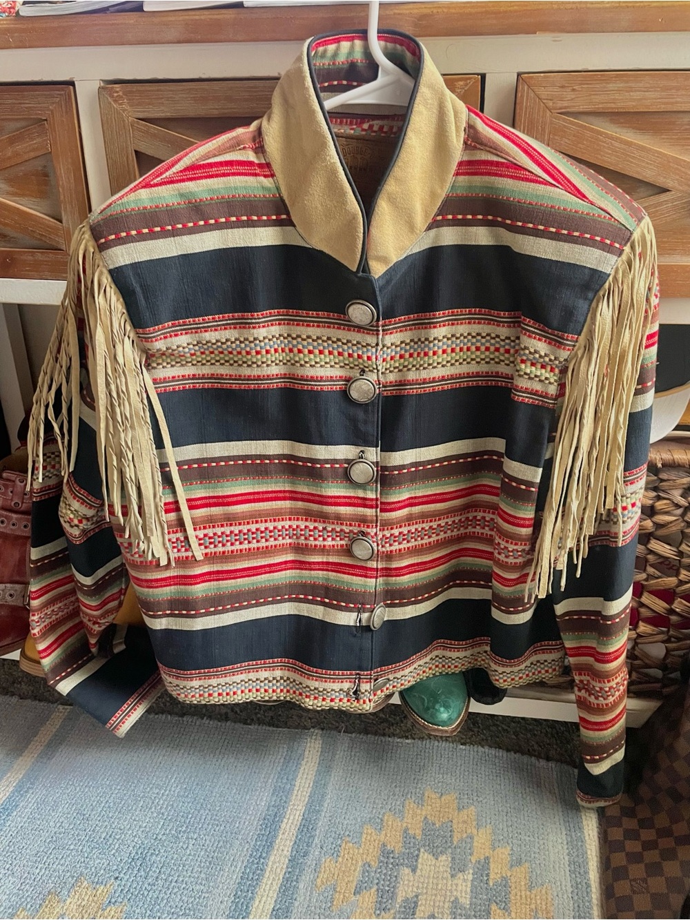 Double D Ranch Striped Fringe Utility Jacket in Black, Tan & Red